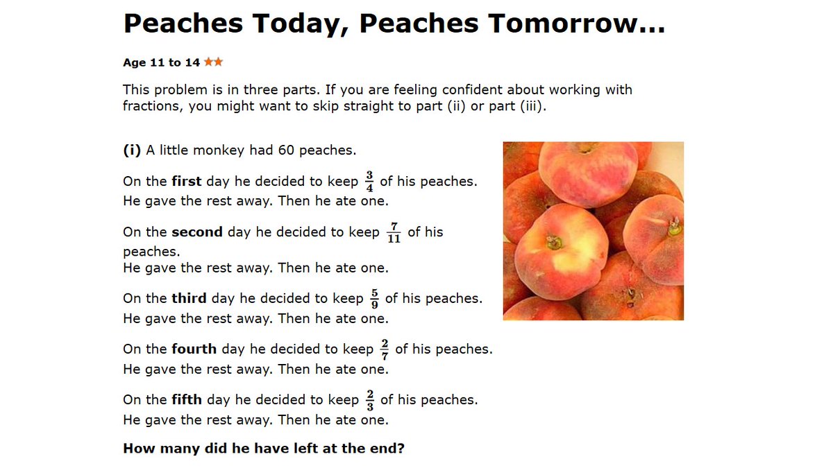 Mrs McClure has posed this question today from <a href="/nrichmaths/">NRICH maths</a>. Link here: nrich.maths.org/peachestoday