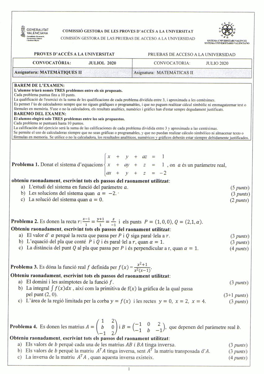 AndMaths's tweet photo. Aquí tenéis la resolución de los dos exámenes de matemáticas de las PAU de la Comunidad Valenciana, el de matemáticas II y de matemáticas de CCSS #pau2020 #selectivitad2020 #selectivitat2020 #ebau2020 #Valencia #comunidadvalenciana Empiezo por matemáticas II. https://t.co/cKMYEP5lwp