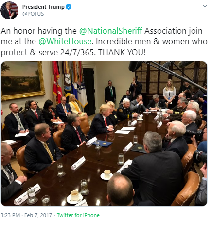 10. So who was she? I think it was the occasion of an NSA Sheriffs meeting with Trup and Pence Feb 7 2017, also reported here  https://web.archive.org/save/https://www.greensboro.com/rockingham_now/news/sheriff-page-nsa-leaders-meet-with-president-trump-at-white/article_d57f0a30-eda4-11e6-a30b-e3b03f5ee900.html and tweeted about by the whitehouse  #NSA  #Sheriffs  #Trump  #Pence  https://twitter.com/POTUS/status/828987438873845762