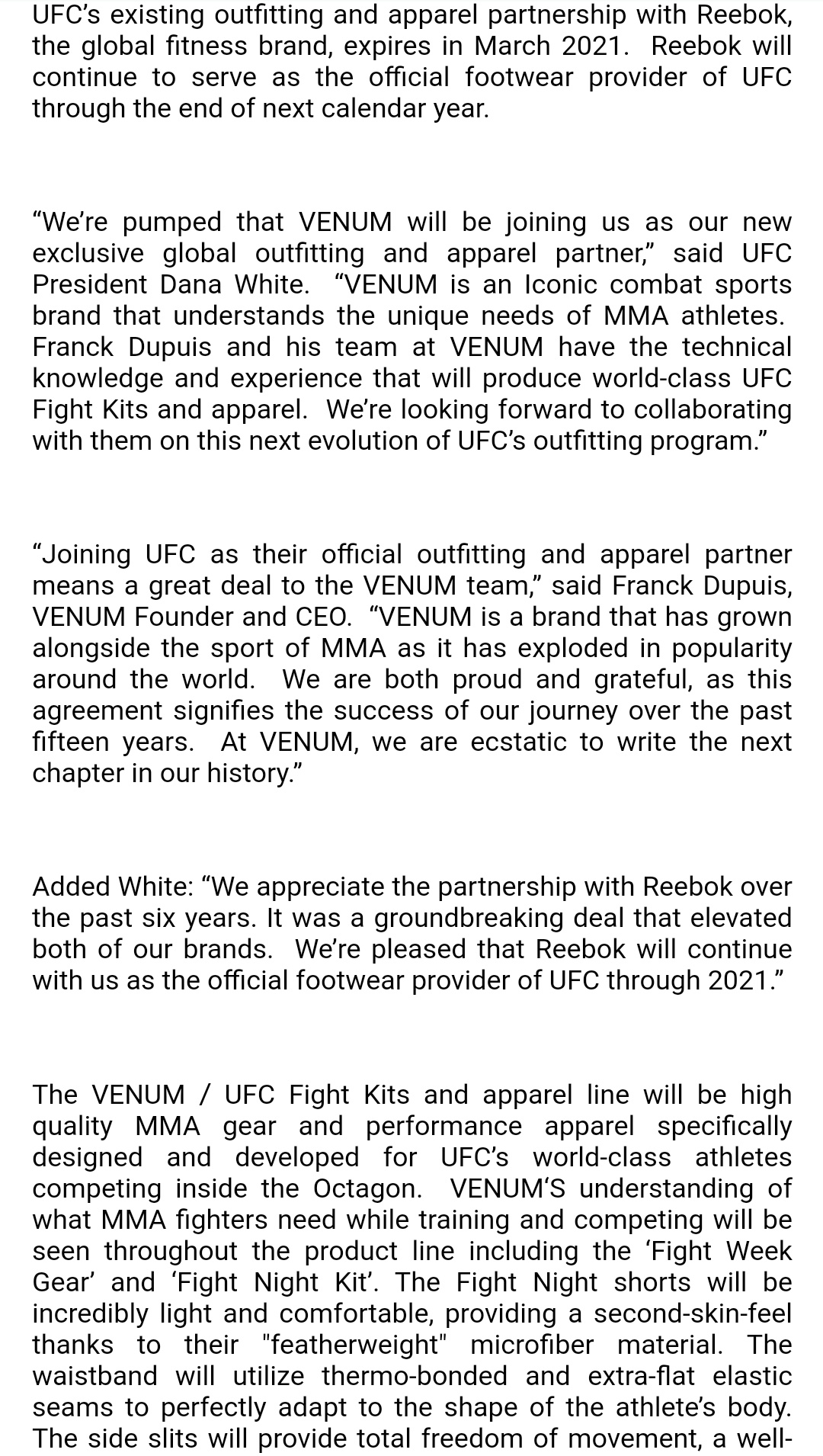 UFC's new apparel partner is Venum, replacing Reebok