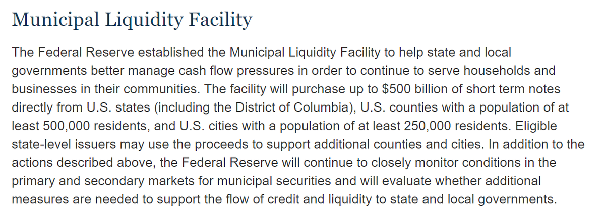 "The Federal Reserve established the Municipal Liquidity Facility to help state and local governments better manage cash flow pressures in order to continue to serve households and businesses in their communities." good luck with that!  https://www.federalreserve.gov/monetarypolicy/muni.htm