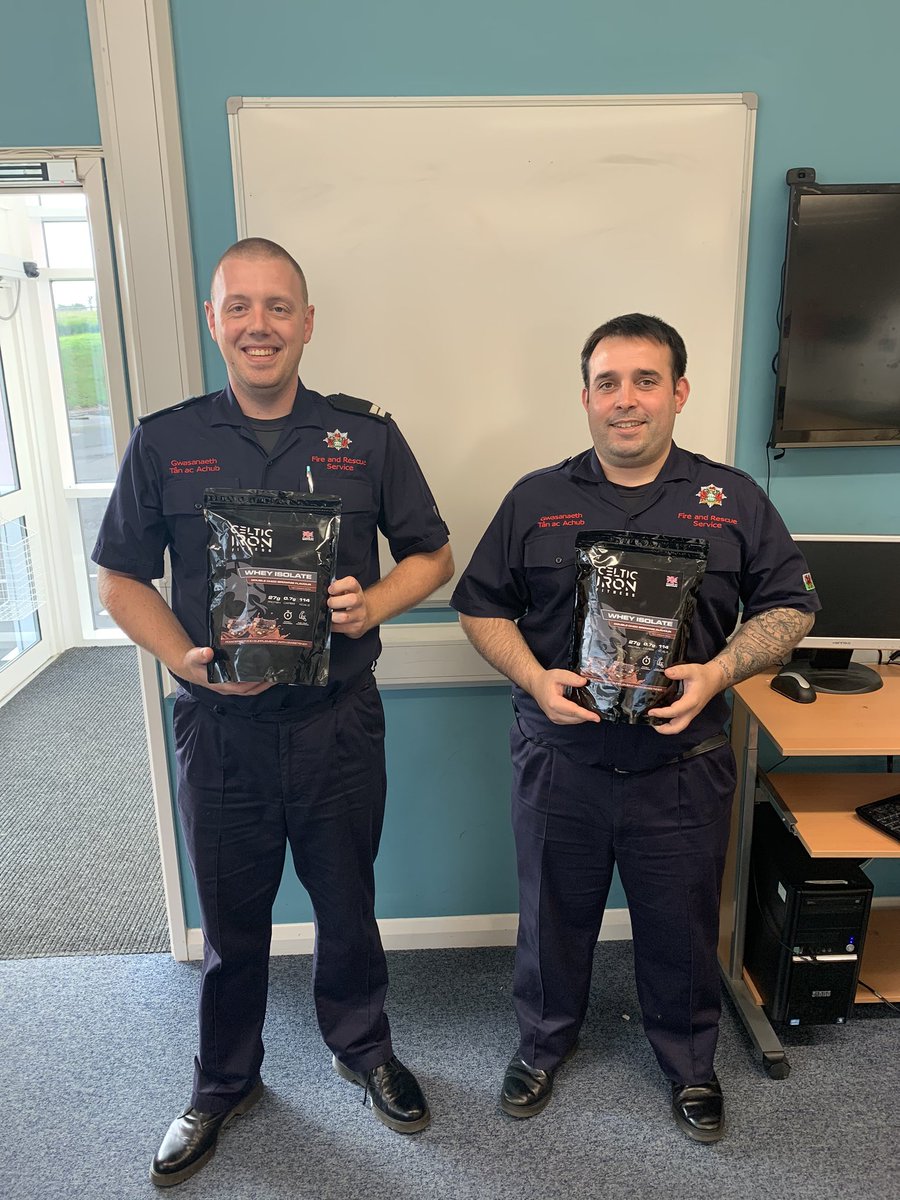 CelticIronUK's tweet photo. This weeks giveaway winner Paul (right) with Amman Valley Firestation Crew Manager Thomas Ashford. We appreciate everything our emergency services do so we sent another bag of our whey isolate up for the crew. @Ammanvalleyfire https://t.co/piJLbp1Jkf