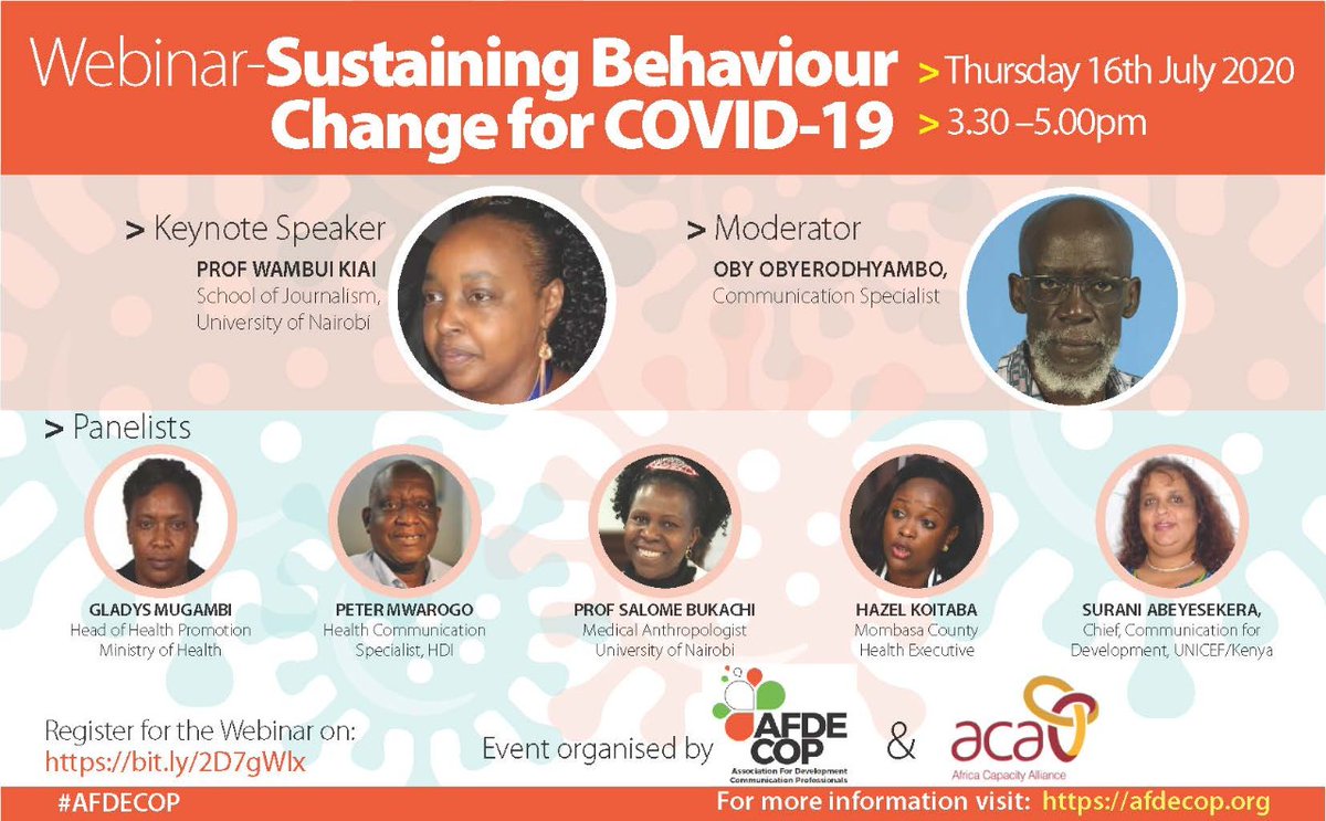 Meet the #KeynoteSpeaker , #Moderator and #Panelists for our insightful #Webinar on Sustaining Behaviour Change for #Covid_19. 

📌Date:16th July, 2020
📌Time: 3:30 pm - 5:00 pm EAT

Registration link: bit.ly/2D7gWlx

#Covid_19 #NewNormal #communication