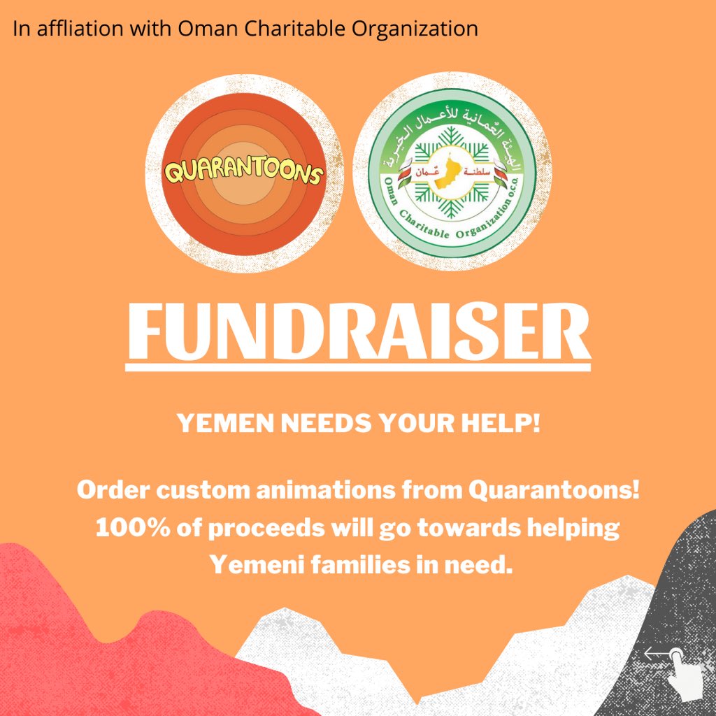 quarantoons1's tweet photo. Yemen needs your help!

Quarantoons has partnered with @ocooman on this fundraiser. Order custom-made animations from Quarantoons with all proceeds paid directly to Oman Charitable Organization to help Yemeni families in need.

Swipe through for details. https://t.co/goqwbmKzA0