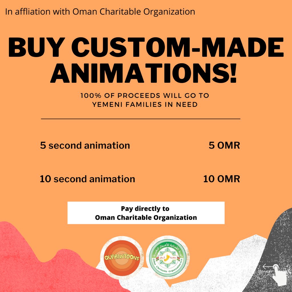quarantoons1's tweet photo. Yemen needs your help!

Quarantoons has partnered with @ocooman on this fundraiser. Order custom-made animations from Quarantoons with all proceeds paid directly to Oman Charitable Organization to help Yemeni families in need.

Swipe through for details. https://t.co/goqwbmKzA0
