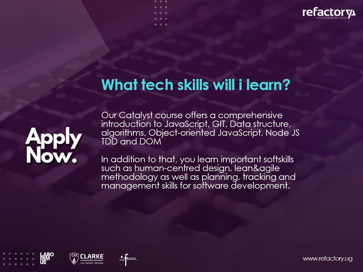 refactory_acad's tweet photo. #TGIFriday
Here's what our catalyst course has to offer. Imagine attaining all those skills in a hands-on environment in just 3 months? 
@LaboremusUganda
@CIUuga @FontesUganda 
Apply here: https://t.co/ElmWS5F7G1 https://t.co/hxWOsWXRkP