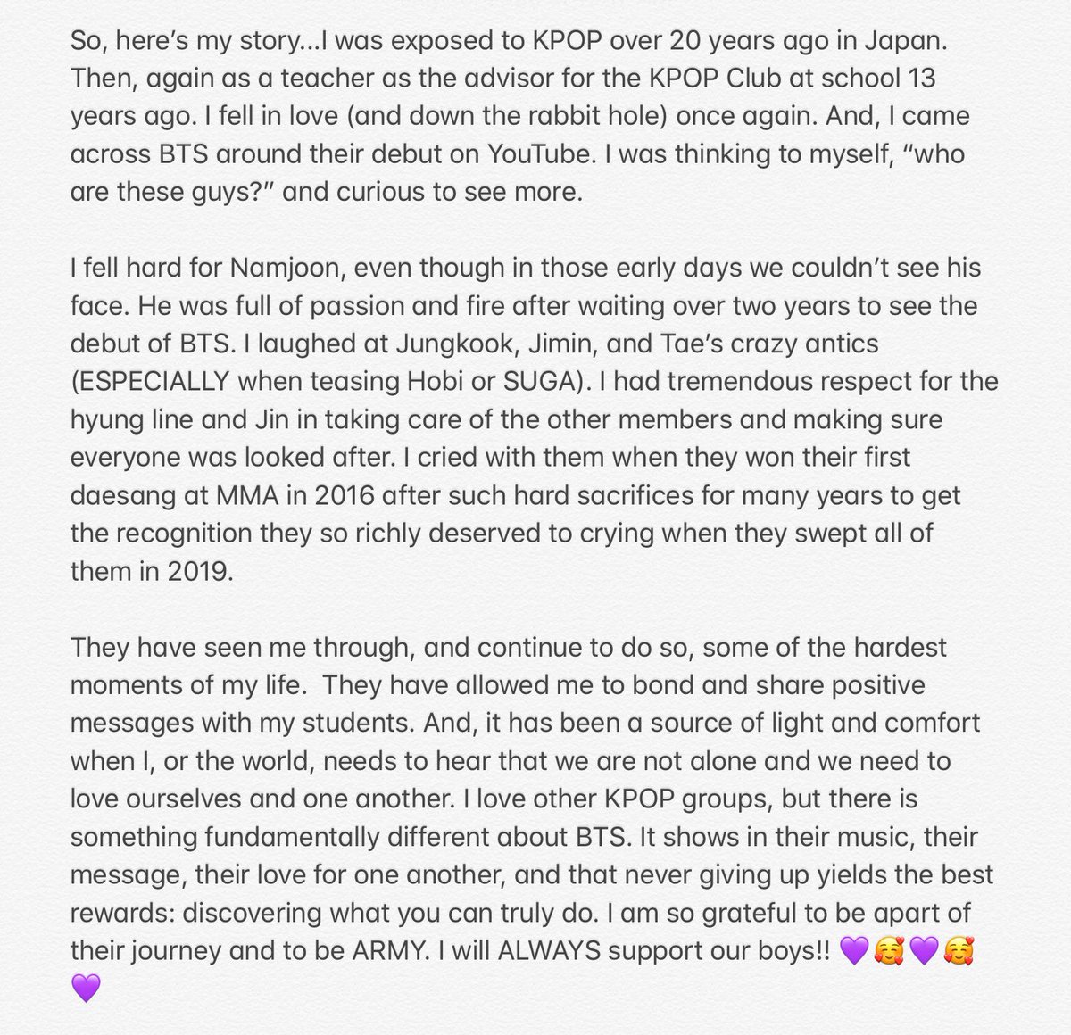 Moonchildiq148's tweet photo. So, here’s mine! Love my boys and so glad to apart of their journey! 💜🥰💜🥰💜🥰💜🥰💜🥰💜🥰💜🥰#UpliftYourSpiritWeek #ARMYDAY_SpiritWeek @bts_bighit @USBTSARMY #BTS #BTSARMY https://t.co/1i1AKTt5Fu