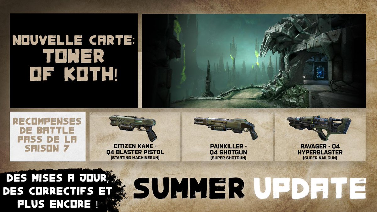 Quake_FR's tweet photo. La mise à jour d'été de #Quake Champions est disponible !
Frayez-vous un chemin dans les méandres de Tower of Koth et obtenez les apparences d'armes de Quake 4 dans le Battle Pass de l'été !
Toutes les infos : 🔫 https://t.co/4Bgk7sayDA https://t.co/NfwOFpS0cQ