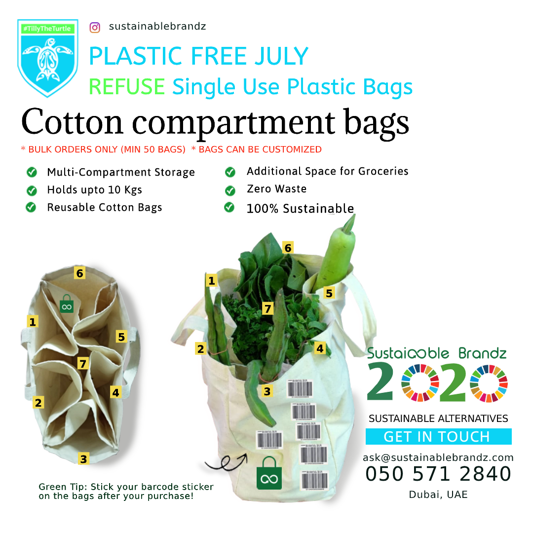 sustainablebz's tweet photo. Order our 7 Compartment Cotton Bags. Designed especially to skip Single Use Plastic Bags!
* Bulk orders only (minimum 50 bags)
* Can be customized.
Get in Touch : ask@sustainablebrandz.com | +971 50 5712840
#sustainablebrandz #SustainableBags @plasticfreejuly #tillytheturtle https://t.co/qHCUk20Dlv