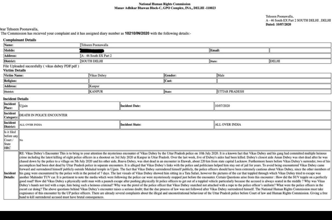 tehseenp's tweet photo. I have filled a complaint with the National Human Rights Commission on the alleged  #fake_encounter of #vikasDubeyEncounter this #fridaymorning as part of a "script" to protect UP politicians &amp; the Yogi Adityanath ji govt &amp; other UP police officers. 
#vikasDubeyEncounter https://t.co/d5JlHM4BmC