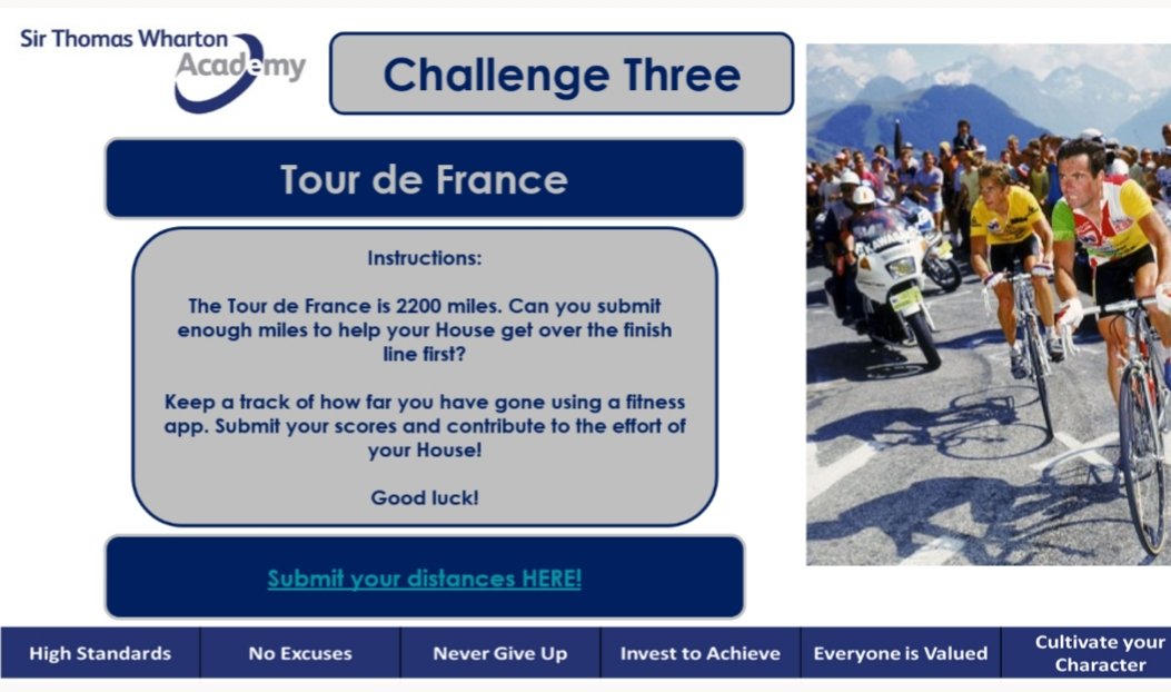 It has stopped raining so why not start your day on your bike and cycle part of the 2200 miles for your house in our last challenge of the week - the 'Tour de France'. 🚲🚲🚲
Submit your results by 6pm today!
#goodluck #nevergiveup #howfarcanyougo