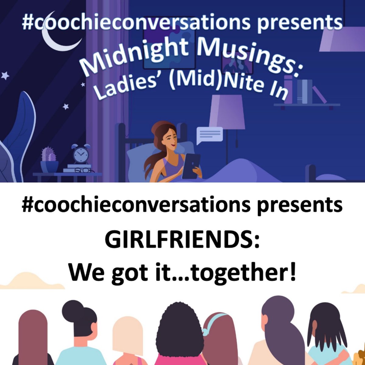 This Sat AND next!  #LetsTalkAboutit twice this month - July #coochieconversations! 

Sat nite 7/11 12am 
#midnitemusings
#girlsnitein

...then again Sat 7/18 4:30pm #womensupportingwomen
#whosyourbiggestsupport-her
#herhealthmatters
DM 4 zoom info!
#storieschangeoutcomes