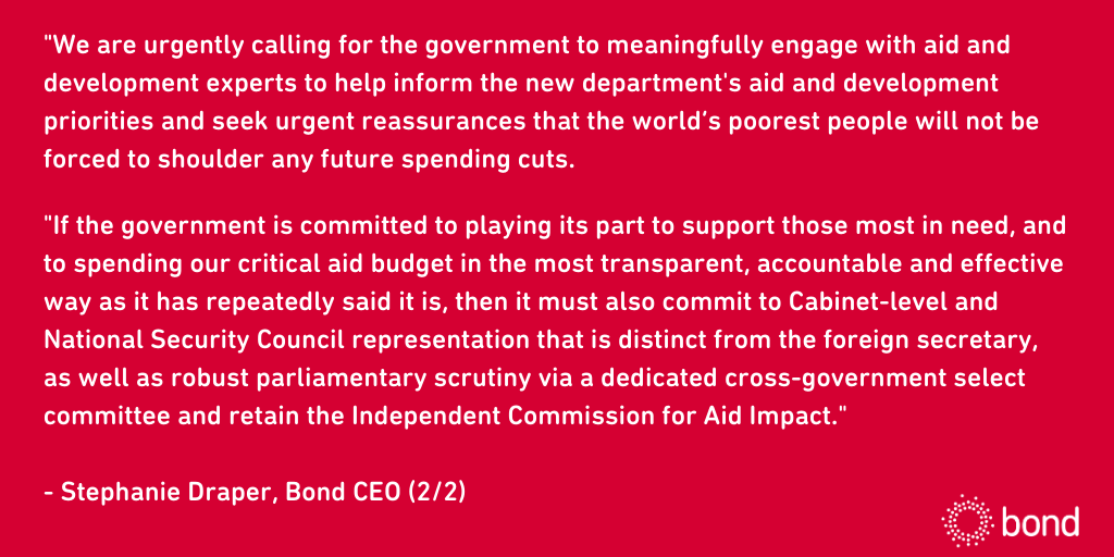 bondngo's tweet photo. Our response to yesterday's debate on the DFID-FCO merger, from our CEO @SDStephDraper.
You can read a full, accessible version here: https://t.co/rA8CBLdXeu #SaveAid #SaveDFID https://t.co/rFSCkmdrbq