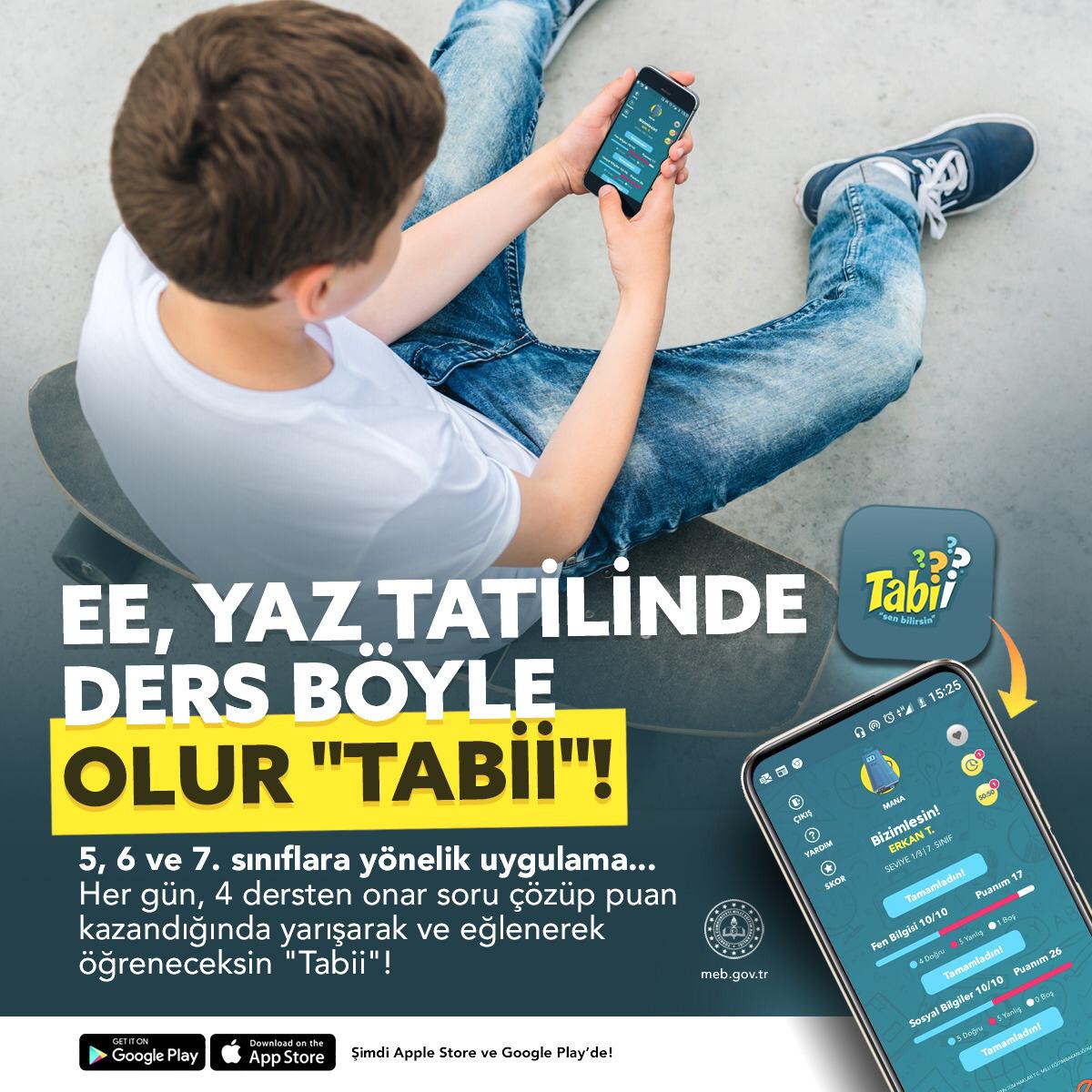 5., 6. ve 7. sınıf öğrencilerimizi buraya alalım:) Onlara tatilde her gün 4 dersten 10’ar soru çözebilecekleri, kendileriyle yarışıp puan toplayabilecekleri uygulama hazırladık. Android ve İos cihazlarından TABİİ uygulamasını indirebilirsiniz.