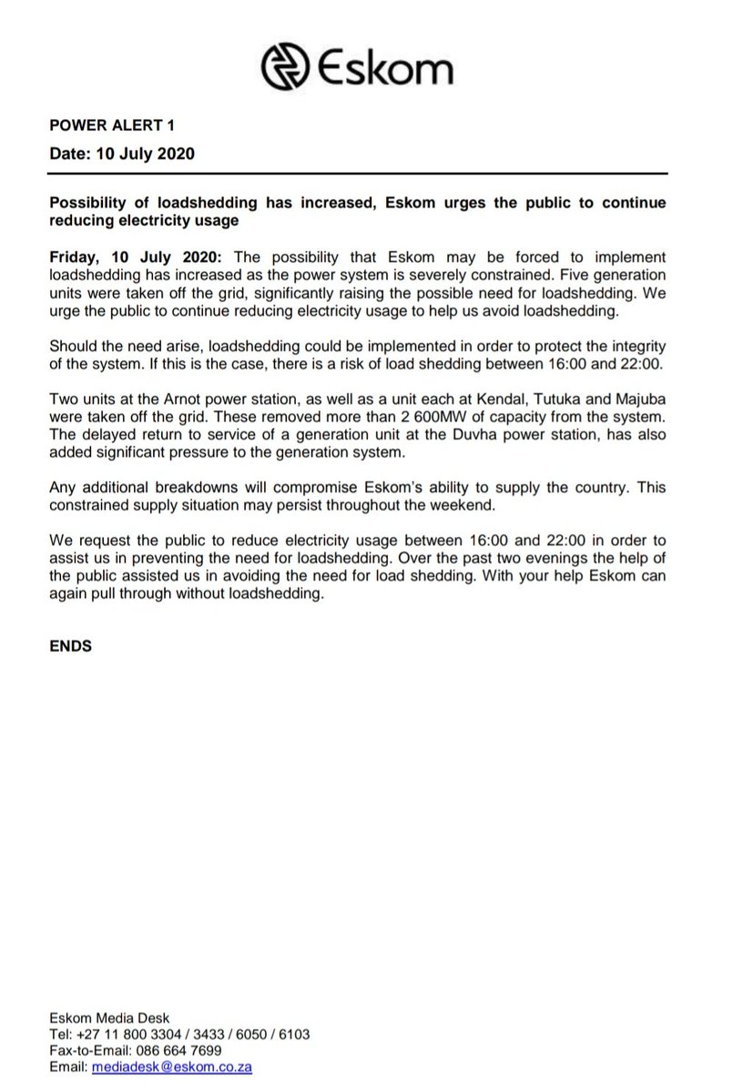 Eskom Hld Soc Ltd On Twitter Power Alert 1 Date 10 July 2020 Possibility Of Loadshedding Has Increased Eskom Urges The Public To Continue Reducing Electricity Usage News24 Enca Https T Co C6weordcof Twitter