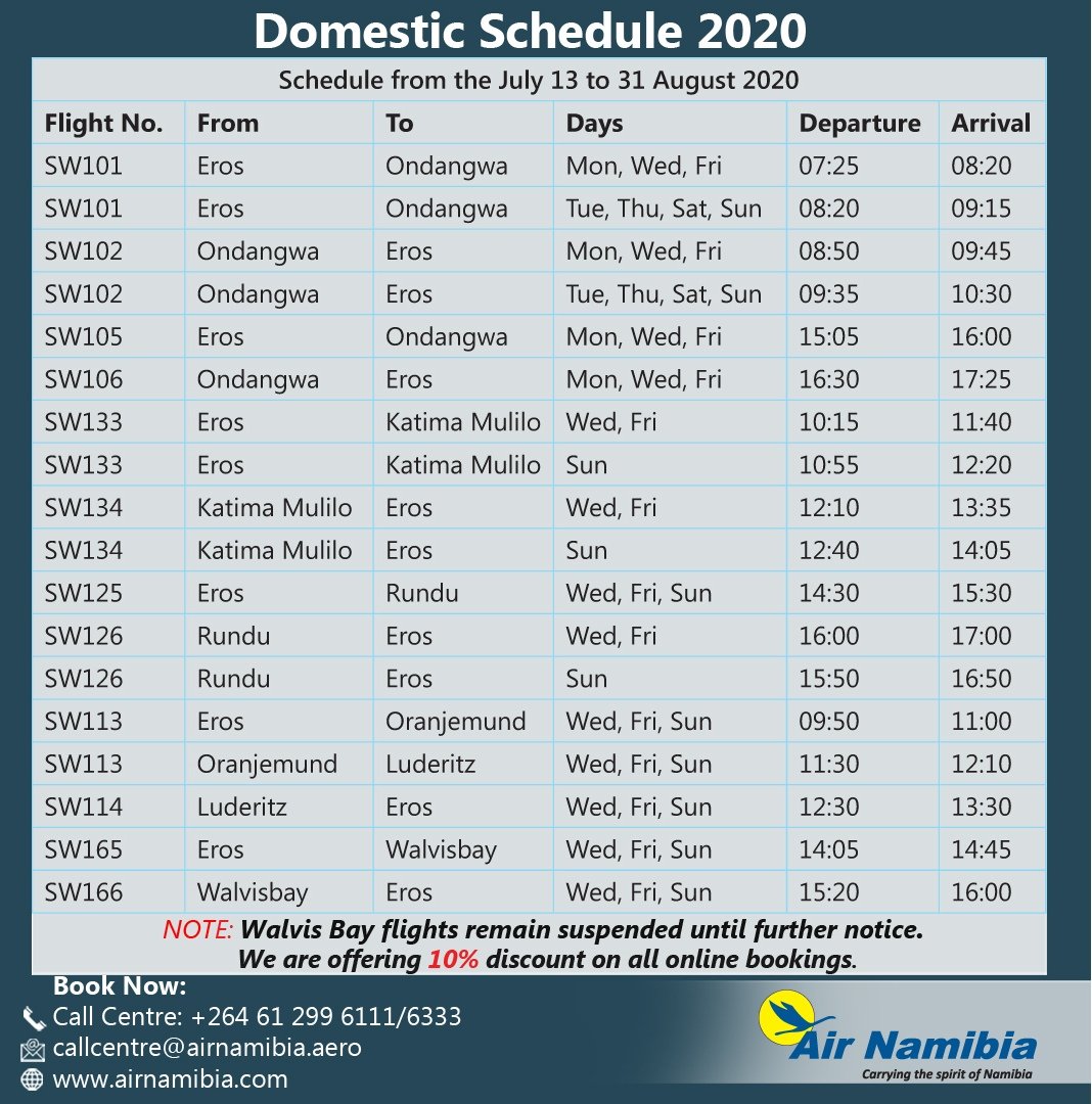 airnamibia1's tweet photo. Updated Domestic Flight Schedule #airnamibia #domesticflights #namibia#traveldaily #flyairnamibiaonly https://t.co/Engf8AxMlR