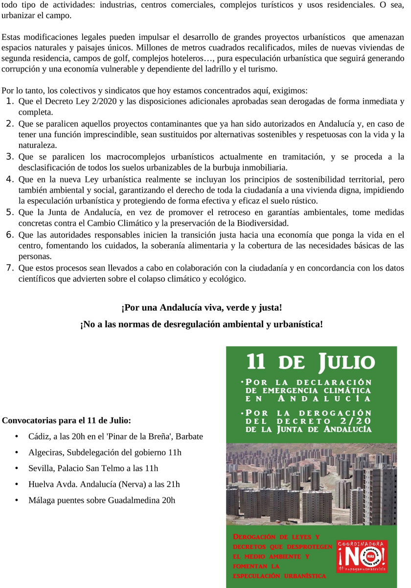 salmorejorebeld's tweet photo. Declaramos que el Decreto 2/20 del Gobierno andaluz es una puñalada ambiental.
11 de julio, acciones a lo largo del territorio: Algeciras, Barbate, Málaga, Nerva y Sevilla. https://t.co/ja8NeGMQPk