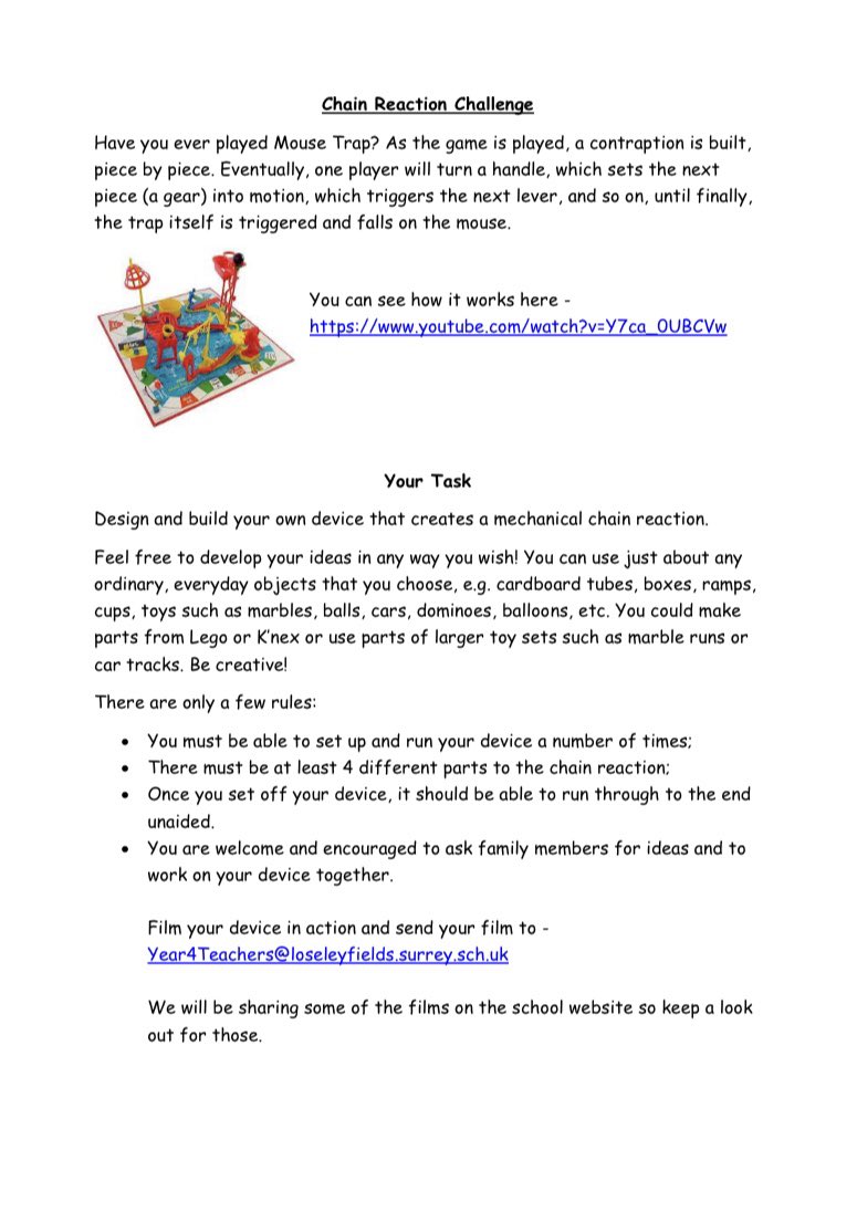 LoseleyFields's tweet photo. Don’t forget to get involved in our Chain Reaction Challenge.
Can you build a device that creates a mechanical reaction like the game Mousetrap?
Give it a go and let us know how you get on!
#LoseleyLearning #STEMlearning #STEM #ChainReactionChallenge
#Farncombe #Godalming https://t.co/tuZtrBxnCw