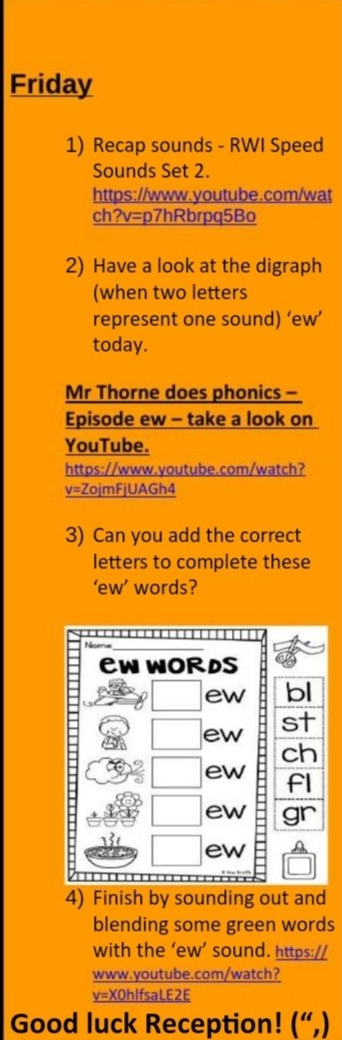 CurnoMrs's tweet photo. Good morning Reception, our final sound of the week is 'ew'. Well done to all of the children who have done an amazing job this week and continue to write fantastic sentences using our new words! 📝👍@QHAThurrock @miss_keenan @miss_milbourn https://t.co/8SQcpcYOMQ