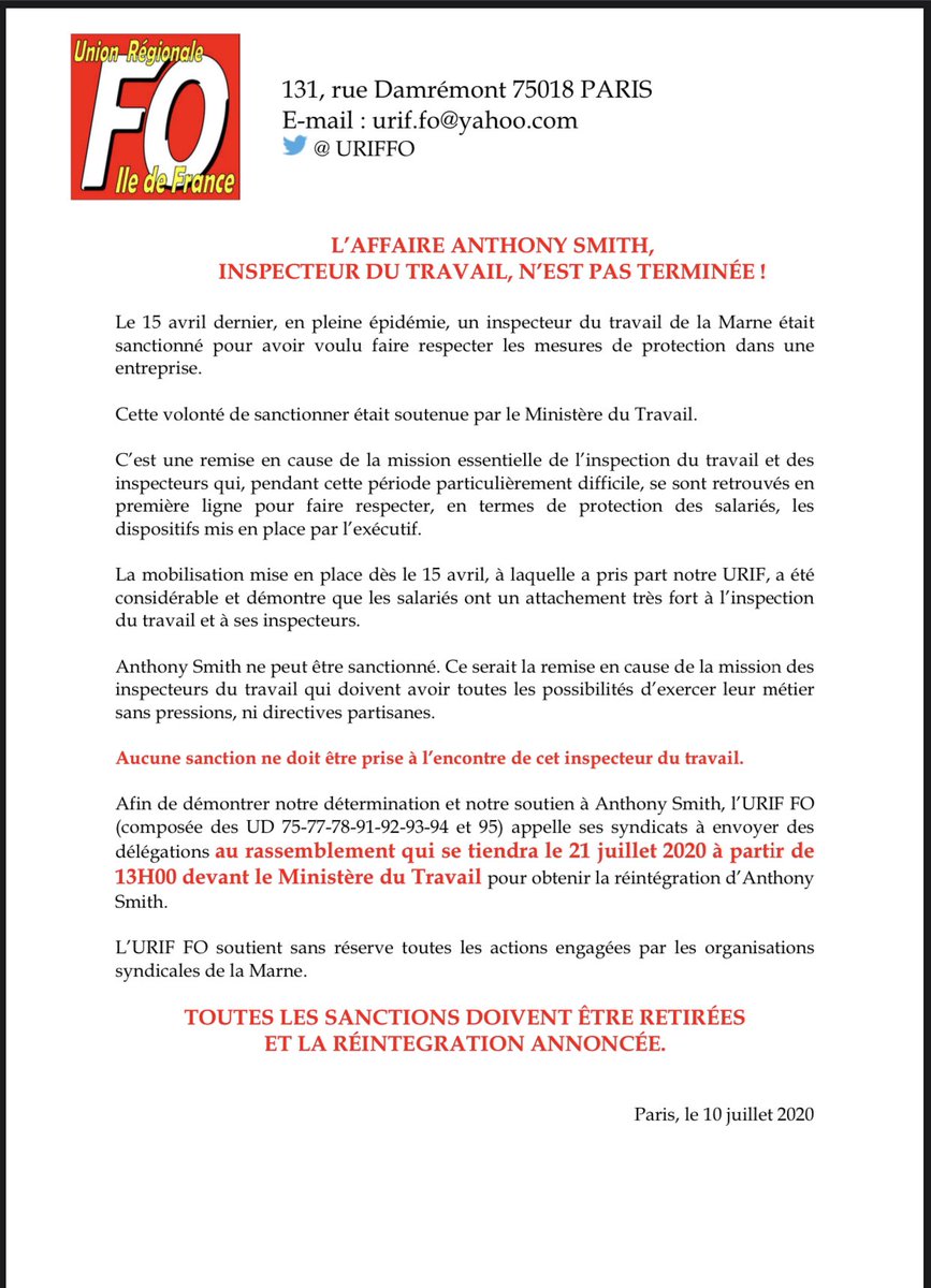 Urif Fo On Twitter Soutien Anthonysmith Inspectiondutravail Reintegration Aucunesanction Rassemblement 21juillet Covid19