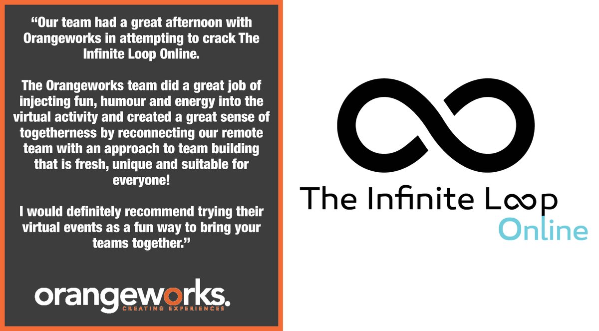 OrangeworksIE's tweet photo. #FeedbackFriday - Take a look at what our latest client had to say about @TheInfiniteLoo1 .. We loved working with these guys! An extremely creative bunch ๐๐
Check out #TheInfiniteLoopOnline here: https://t.co/x3Aahi6jIH โก๏ธโก๏ธ #RemoteTeamBuilding #RemoteWorking #WFH https://t.co/od7GMgR71o