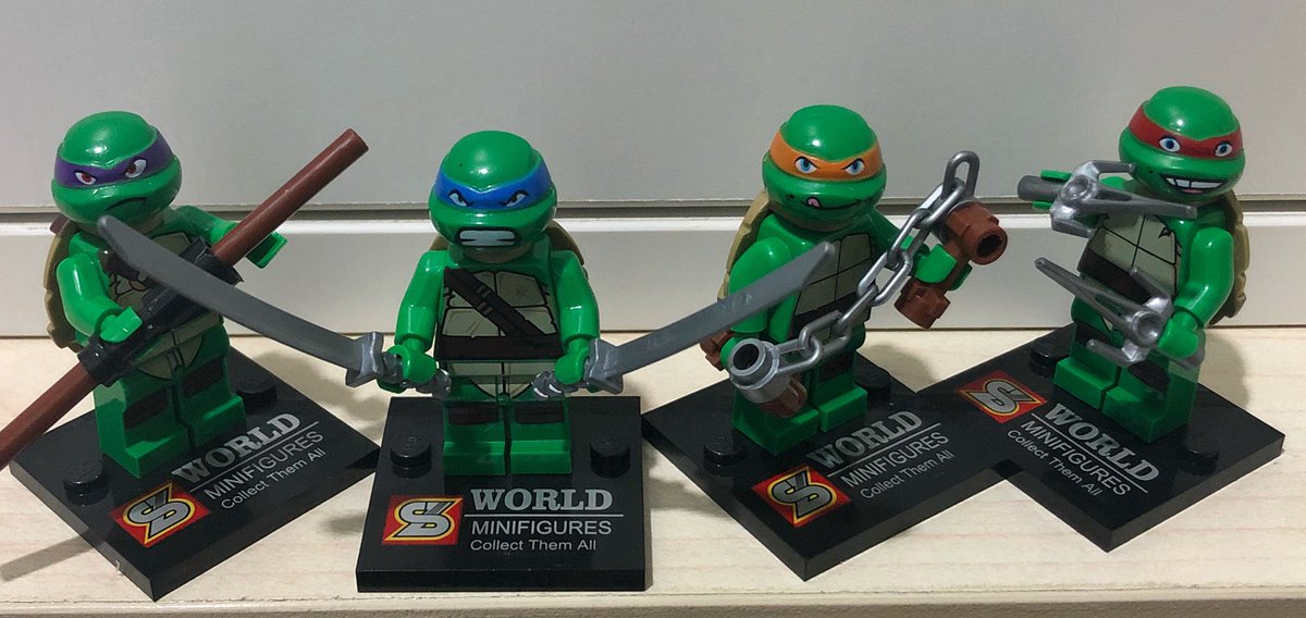 OneDollarLego's tweet photo. Here they are together, posed. For some reason they came with skateboards (???), which comes with stickers but I didn’t bother applying them. IMO they should’ve come with pizza slices or sewer covers instead...

#LegoWill #minifigures #Turtles #TMNT #Lego https://t.co/X9t8qDHvPs