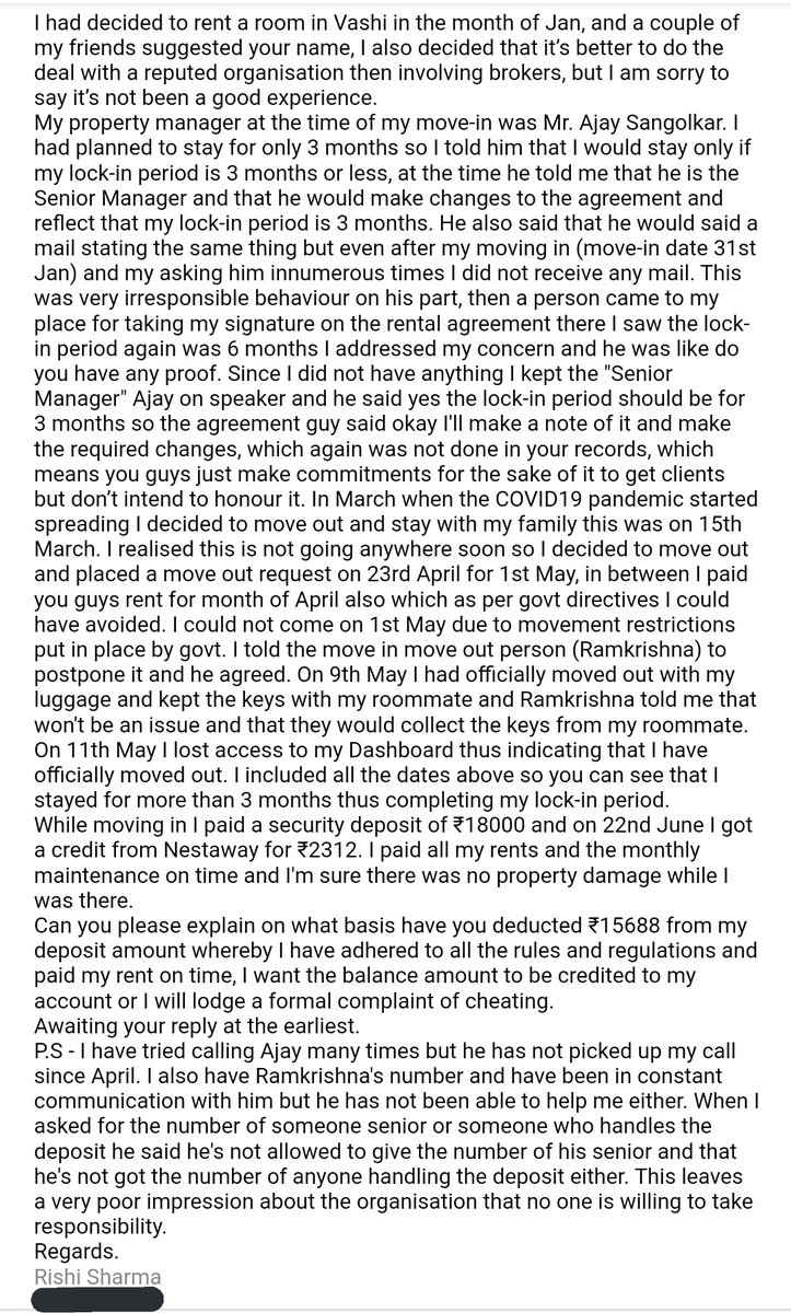 rishiiisharma's tweet photo. @NestAwayCare Raised a ticket as well.
Ticket id - CC_08412481
Email id - rii1997sharma@gmail.com
Attaching the subject matter of my email for your reference.
Please get back to me as soon as possible. https://t.co/qM4IO4NBlz