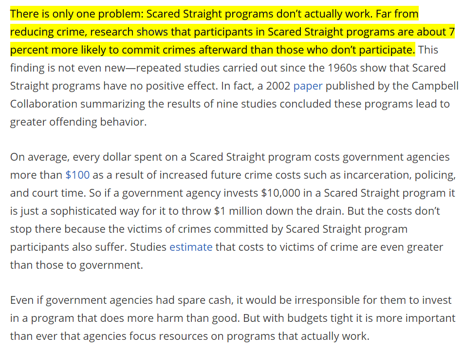 PROBLEM CORRECTIONSShock Incarceration strategies don't deter crime or lower recidivism.Use only evidence-based strategies. End boot camps and shock incarcerations. Cancel "Beyond Scared Straight." See https://www.americanprogress.org/issues/general/news/2012/02/08/11108/doing-what-doesnt-work/ and see   http://www.inquiriesjournal.com/articles/689/a-multi-state-analysis-of-correctional-boot-camp-outcomes-identifying-vocational-rehabilitation-as-a-complement-to-shock-incarceration