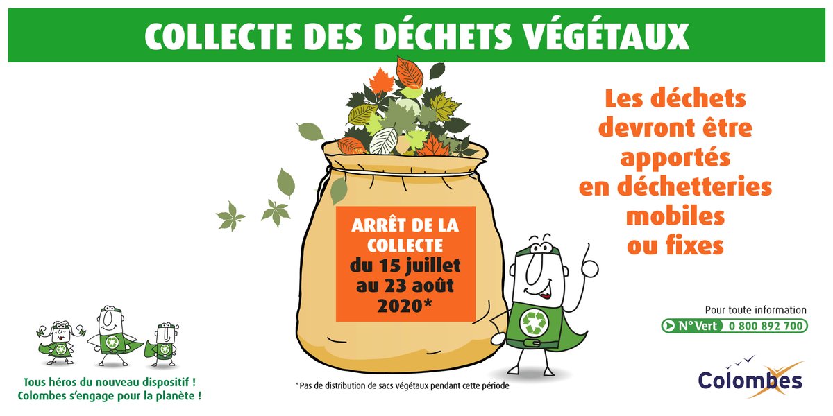 ℹ Arrêt de la collecte des végétaux du 15 juillet au 23 août 2020. 🙏 Durant cette période les déchets végétaux devront être apportés en déchetteries mobiles ou fixes.
⚠ Les sacs végétaux ne seront pas distribués pendant cette période.