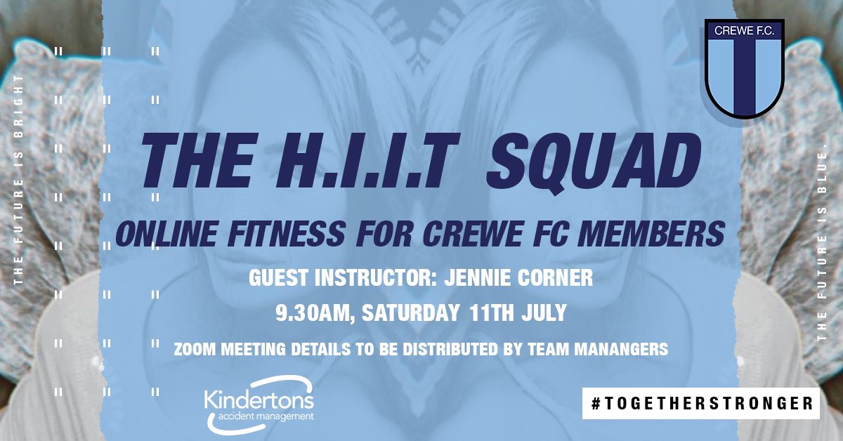 CreweFC's tweet photo. THE LAST DANCE! 🐐
It’s the last of our @crewefc HIIT Session tomorrow (Session 20) and who better to finish them off than @CornerJennie!
🕤 9.30am, Sat 11th July
💻 Zoom (see Team Manager for Meeting ID)
👋🏻See you there!!
#TogetherStronger #HIITSquad https://t.co/zFjTZONzpZ