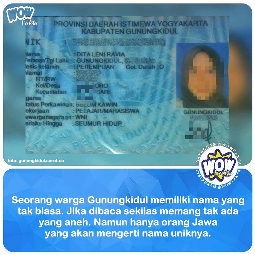 kontenwow's tweet photo. Nama yang #unik selalu berhasil menghibur banyak orang, apalagi jika tersimpan arti yang tak langsung terbaca di baliknya. Begitulah kiranya yang terjadi pada seorang warga Gunungkidul yang KTP-nya mendadak viral...⤵
.
https://t.co/CZDlTrpAQ7
.
. https://t.co/HhD32mAa87
