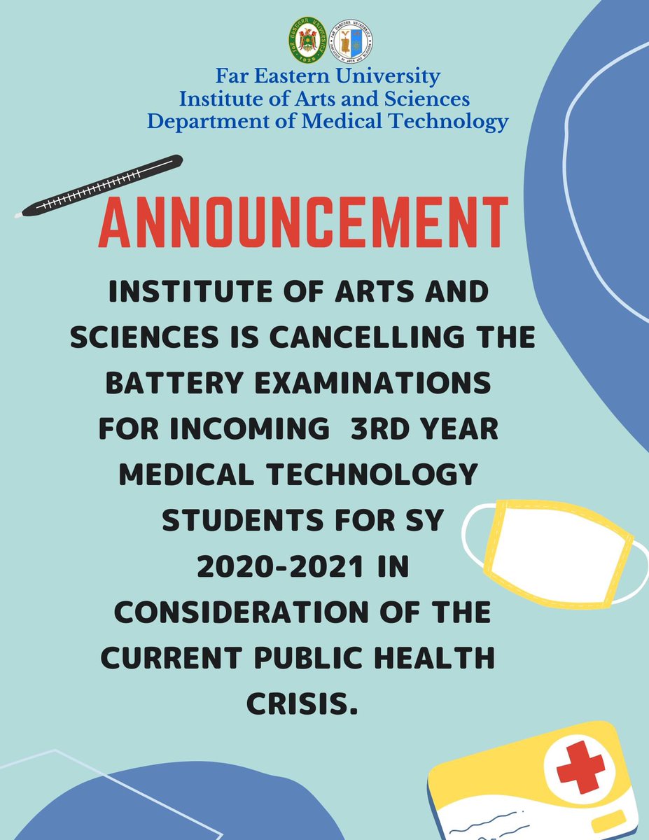 OneFEU's tweet photo. π£This is not a drill. The MT program will not hold battery exams for incoming juniors. Any thoughts on this? #FEUMedTech https://t.co/l4hwcbfxZI