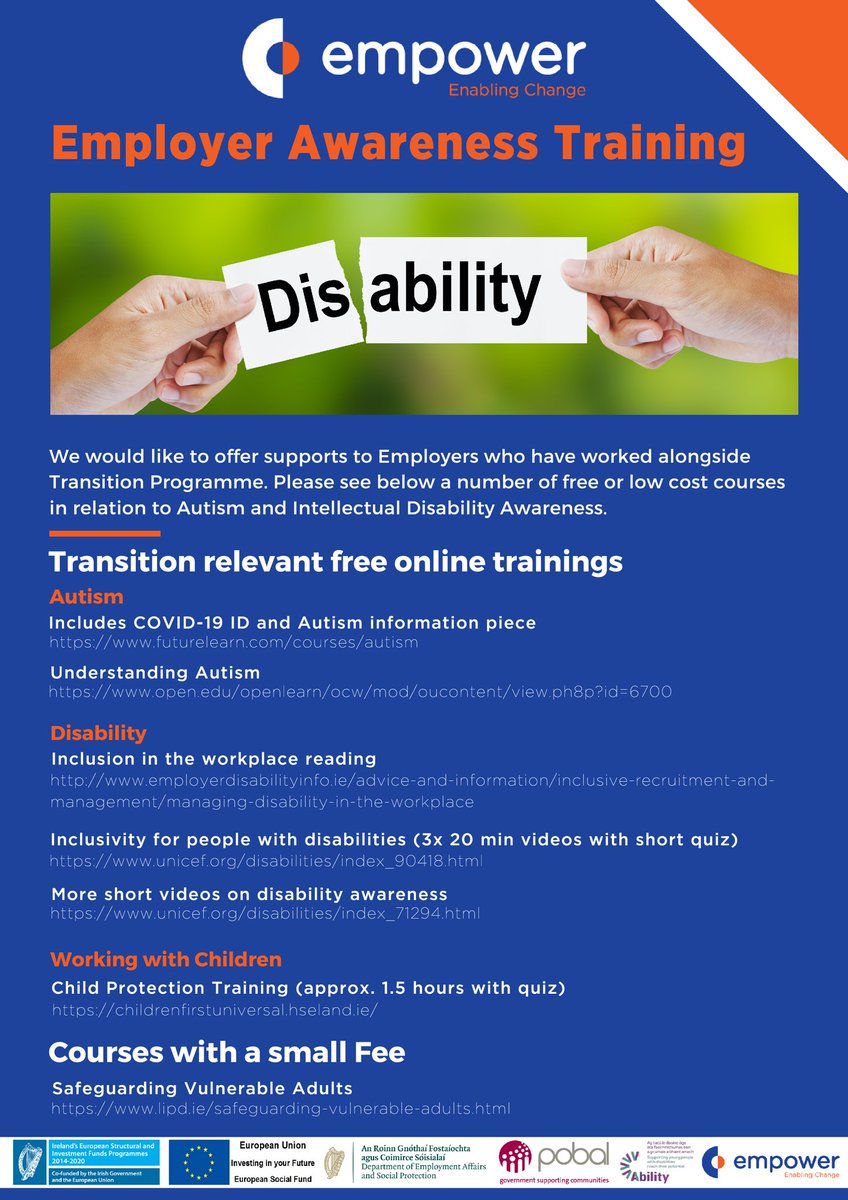EmpowerFingal's tweet photo. We would like to offer supports to Employers who have worked alongside the Transition Programme.  For further information contact 01 8209550.  #EmpoweringFingal https://t.co/0fkTlcXO7t