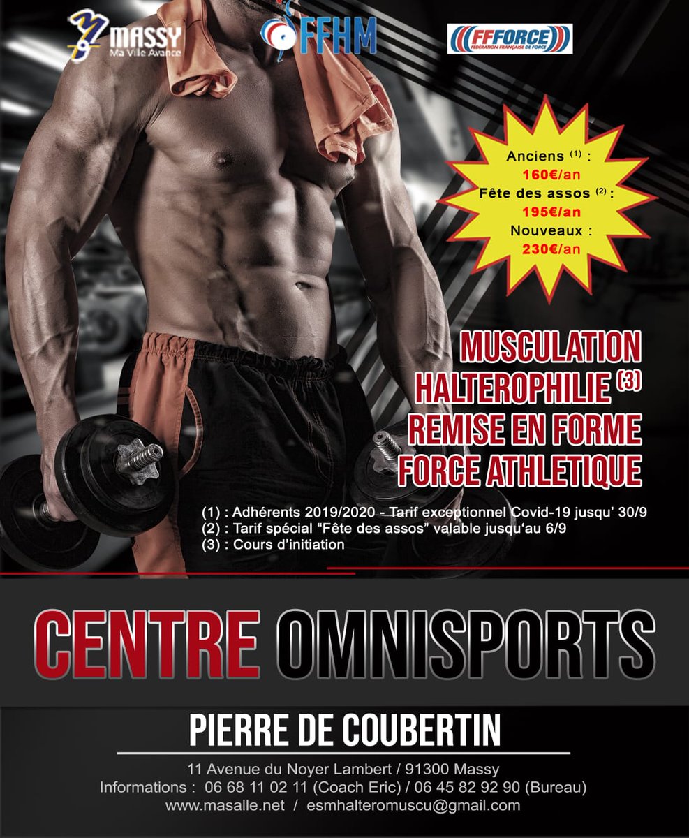 📌 Top pour rentrée 2020/21 😲😲👍👏👏

✅ pas de frais de dossier
✅ une bonne ambiance 
✅ des cours d'haltérophilie.
<a href="/villedemassy/">Ville de Massy</a> <a href="/AffichageMassy/">AffichageLibre Massy</a> <a href="/ESportiveMassy/">Entente Sportive de Massy</a> <a href="/libriere/">Lionel Briere</a> <a href="/CDEssonne/">Département de l'Essonne</a>