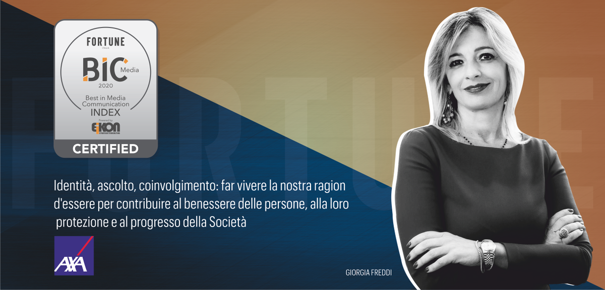 AXAItalia's tweet photo. #AXAItalia riceve il BIC – Best in Media Communication 2020 di @fortuneitalia, certificazione di eccellenza sviluppata con il supporto scientifico di @EikonSC. Ascolto, innovazione e attenzione alle persone sono i pilastri della comunicazione #AXA. https://t.co/H8Vggtn7yv