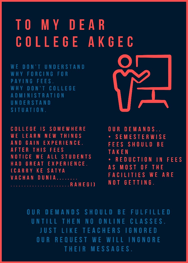 Killua34akgec's tweet photo. #SpeakUpForStudent here are reasons that we don't need to pay full year fees
@INCIndia #akgec https://t.co/PqAqOW1cq5