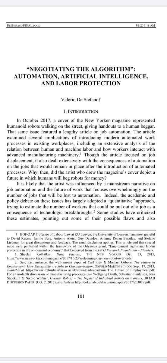 In my article, I argue that AI poses vital challenges to workers’ privacy and human dignity, as it enable employers’ surveillance in unprecedented ways. I call for social partners to intervene to govern the introduction and use of these technologies  https://papers.ssrn.com/sol3/papers.cfm?abstract_id=3178233