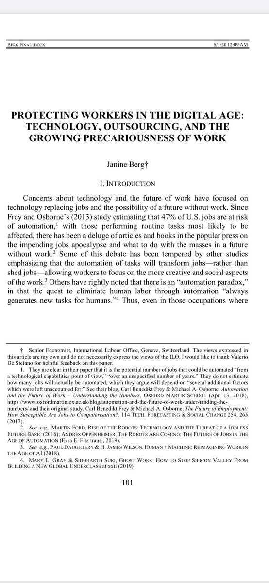 . @janinemberg examines the link between new technologies and the growth of non-standard forms of employment. She argues tech has established a new hierarchy of labor with casual, unremunerated and domestic care work and heteromated labor at its outer rings  https://papers.ssrn.com/sol3/papers.cfm?abstract_id=3413740