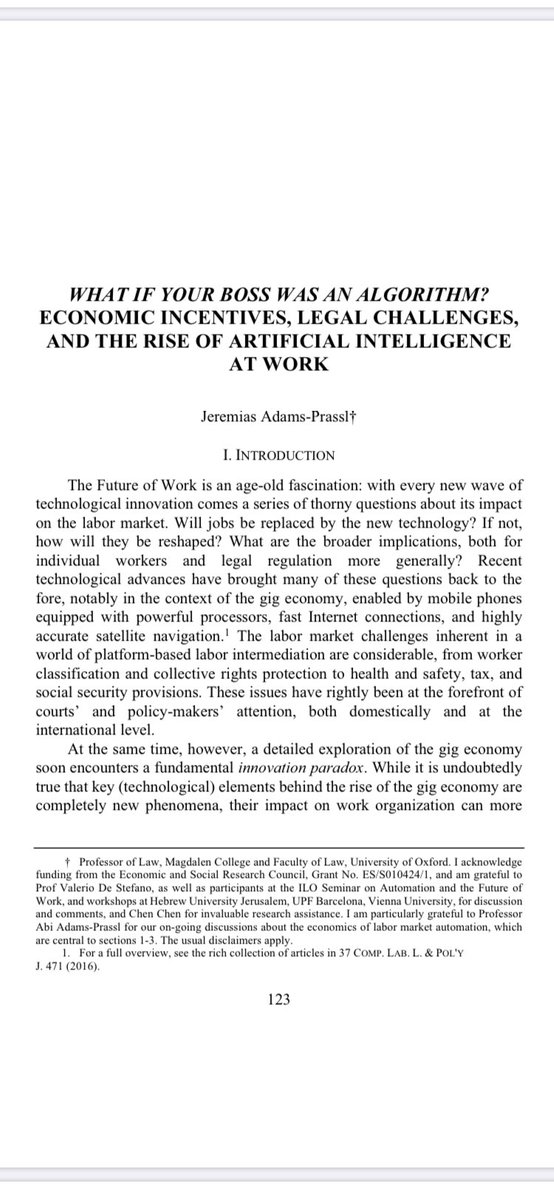 . @JeremiasPrassl deals with AI at work and argues that it is coming for managers’ rather than workers’ jobs, so far. Monitoring and evaluating performance, hiring and firing are increasingly outsourced to machines.This is what makes the real difference with the past, he argues