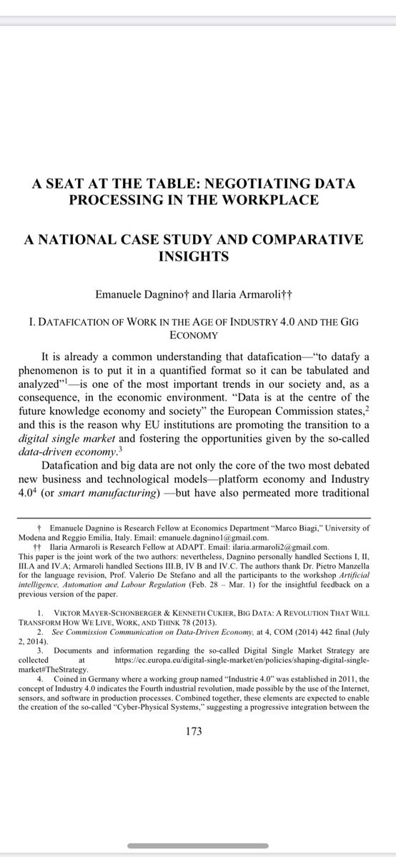 . @ilaria_armaroli &  @EmanueleDagnino’s article examines how trade unions have made big data and algorithmic management a bargaining issue; by analyzing collective agreements regulating these issues in various countries, they show that “negotiating the algorithm” is possible