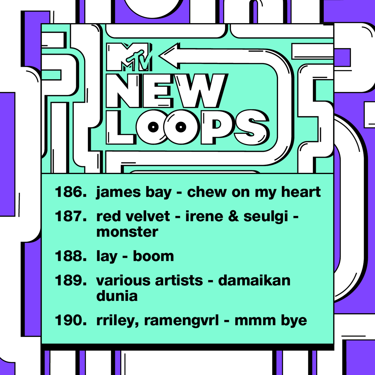 mtvasia's tweet photo. By now, you guys must already follow #NewLoops playlist, right? 😃 Only the hottest 5 tracks that you must not miss out every week and these are our choices for this week!

@JamesBayMusic @RVsmtown @layzhang @umusicindonesia @rriley @ramengvrl 

https://t.co/smUlBSr7jX https://t.co/kxnpn6GpGq