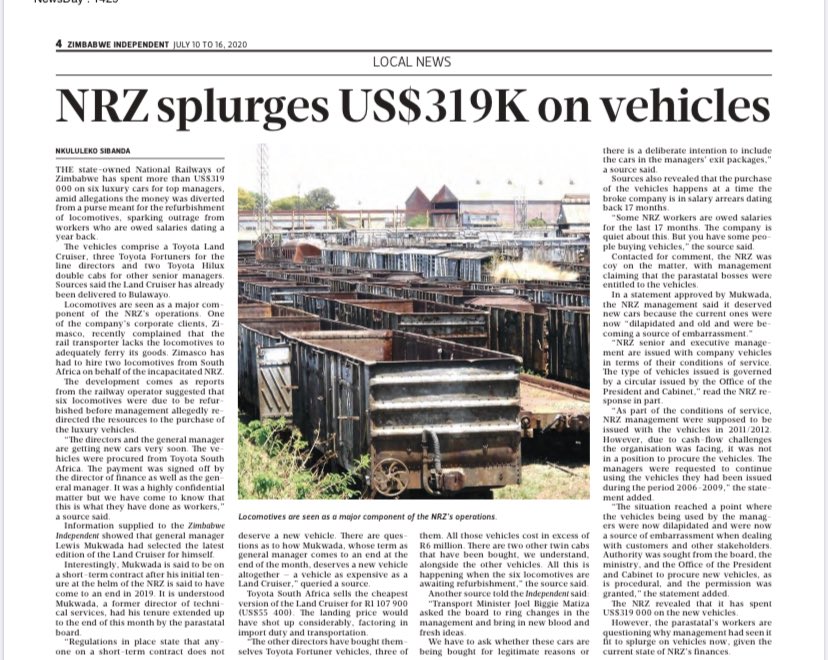 daddyhope's tweet photo. The National Railways of Zimbabwe diverted money meant to service locomotives and bought a Toyota Land Cruiser, 3 Toyota Fortuners for directors &amp; 2 Toyota Hilux double cabs for senior managers.

Then Mnangagwa will go on his Propaganda pulpit and blame sanctions for NRZ’s death! https://t.co/8P0eYDMisi