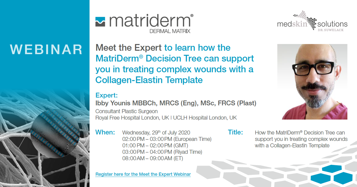 MatriDerm's tweet photo. Please join us and regster with: Mr Ibby Younis MBBCh, MRCS (Eng), MSc, FRCS (Plast) a consultant plastic surgeon at the Royal Free Hospital &amp; UCLH, United Kingdom

https://t.co/NtKPoUgyln

#plasticsurgery #dermaltemplate #matriderm #plasticsurgeon #virtuallearning #npwt #wounds https://t.co/vzV8dTbYpj
