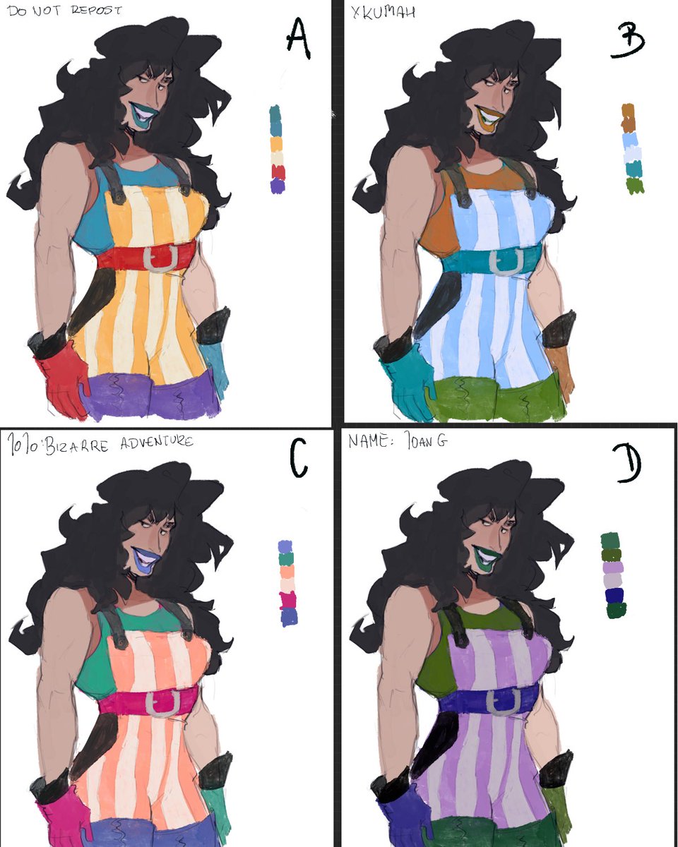 Thinking about my new Jojo oc and her color scheme. Her name is Joan G and she likes big trucks and kicking ass