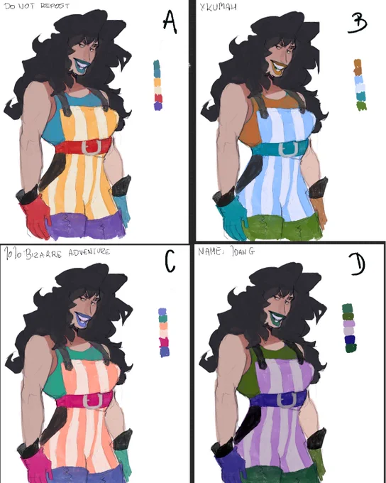 Thinking about my new Jojo oc and her color scheme. Her name is Joan G and she likes big trucks and kicking ass 