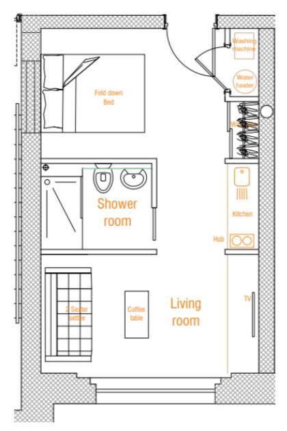 These flats in Lambeth are a relatively palatial 27.5m² (minimum space standard for a studio flat is 37m²).You’ll pay £1,343 per month for the privilege of being crammed into this box.