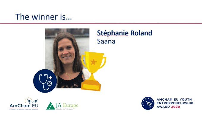 JA_Europe's tweet photo. And the winner of @AmChamEU #YEA2020 is... Stéphanie Roland with her star-up @saana_health 👏🏆 Her business idea to provide chronic patients with targeted and personalized #nutrition plans impressed the jury the most - Congratulations! @ASBL_LJE @LJEalumni https://t.co/0znWIBWVY9