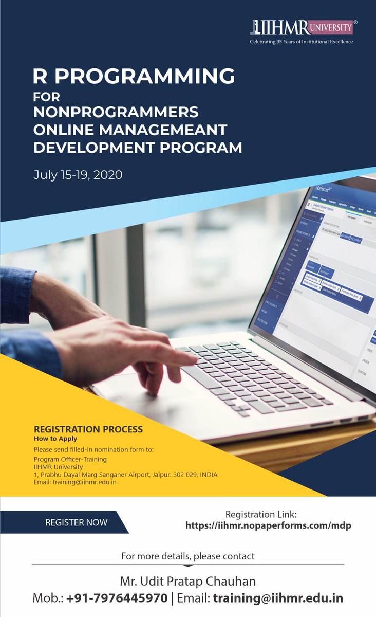 IIHMRUniversity's tweet image. #Managementdevelopmentprogram
IIHMR University will host a 5-day online MDP from July 15 to 19, 2020 on R Programming for nonprogrammers. Registration link in bio.
#IIHMRUniversity #onlineprograms #programming #improvingskills #dataanalytics #onlinemanagementprograms #registernow
