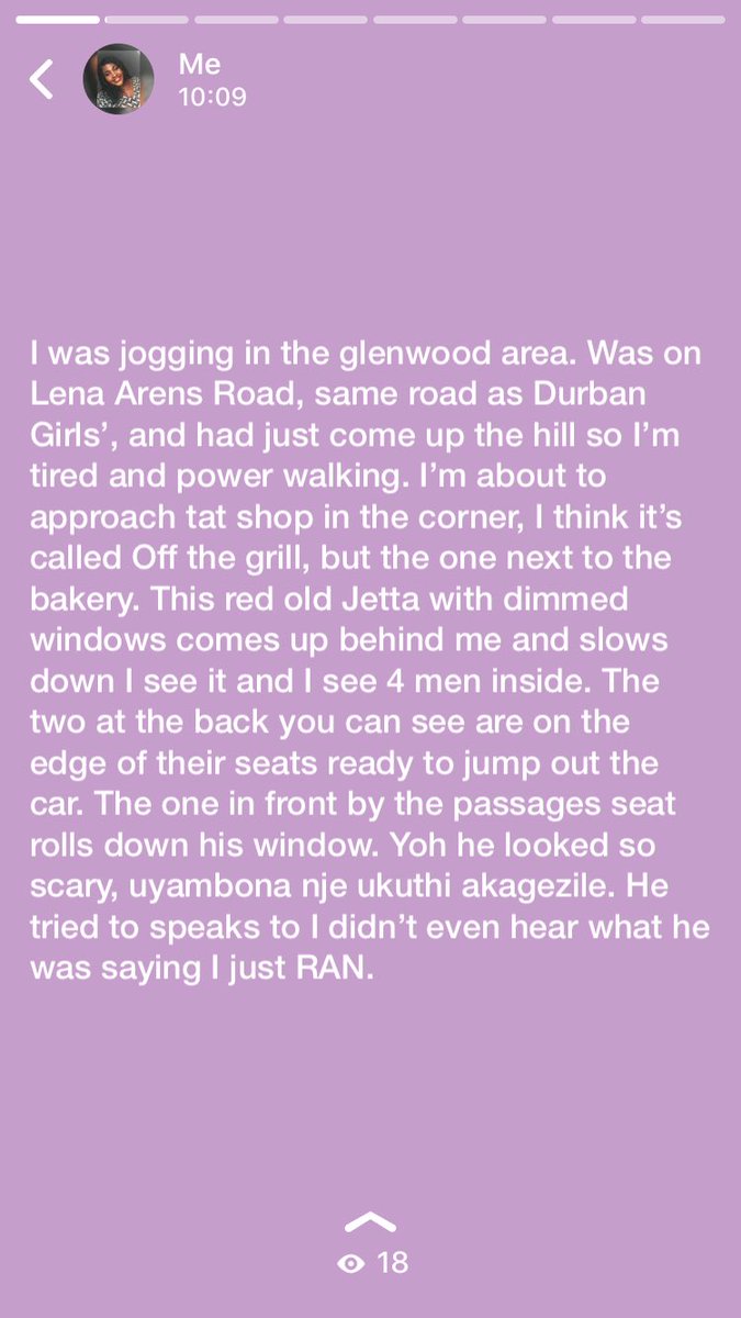 ThandoShozi's tweet photo. I almost got kidnapped while I was jogging in Glenwood https://t.co/NOLbk3JvRK