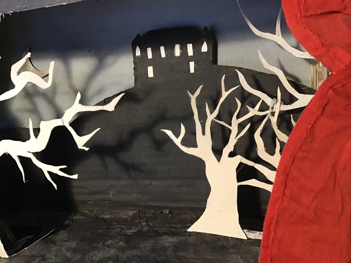 SPFdrama's tweet photo. Backstage club members have been as #creative as ever - recycling cardboard boxes into toy theatres and shadow puppet theatres. Here are two examples - guess which #Shakespeare plays inspired their mini sets! @SPFSchools @SPFSeniors https://t.co/asl8AwKNFw